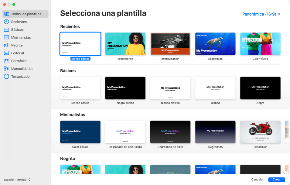 El selector de plantilla. A la izquierda aparece una barra lateral que muestra categorías de plantilla en las que puedes hacer clic para filtrar las opciones. A la derecha se encuentran miniaturas de plantillas prediseñadas organizadas por categoría. En la esquina superior derecha se encuentra el botón del tamaño de la plantilla, el cual permite establecer el formato estándar o ancho. El menú desplegable “Idioma y región” se encuentra en la esquina inferior izquierda, y los botones Cancelar y Crear se encuentran en la esquina inferior derecha.