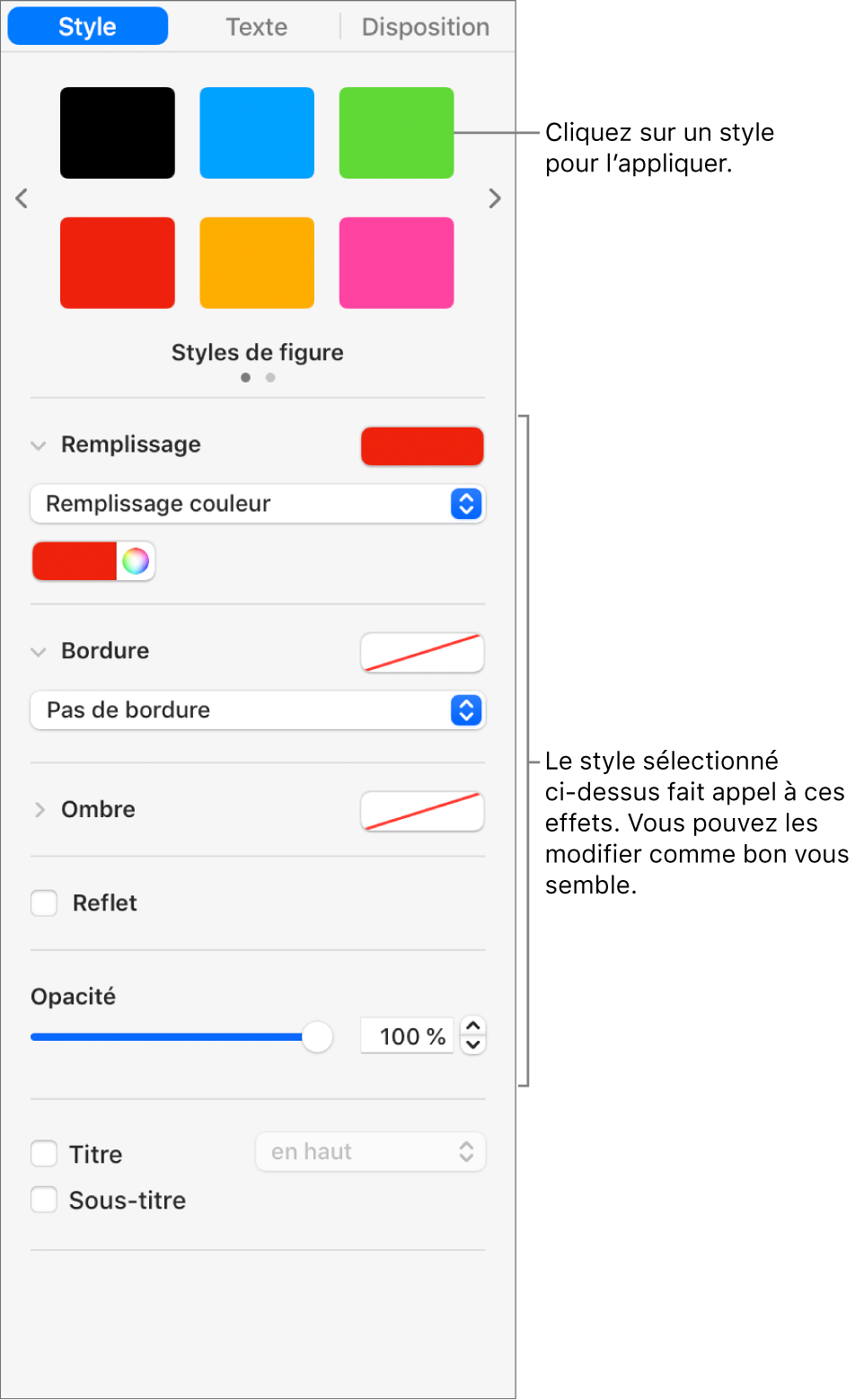 Styles et options de figure de la section Format de la barre latérale.