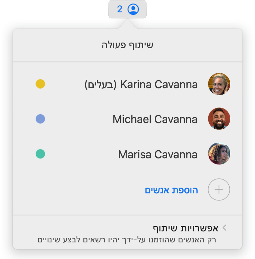 תפריט ״שיתוף פעולה״ מראה את שמות האנשים המשתפים פעולה בעבודה על המצגת. אפשרויות השיתוף מופיעות מתחת לשמות.