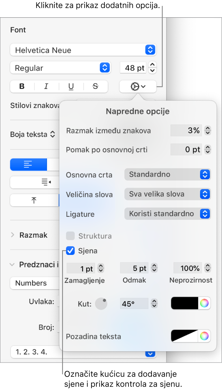 Otvorene Napredne opcije s označenom kućicom Sjena i kontrolama za namještanje zamagljenja, odmaka, neprozirnosti, kuta i boje.