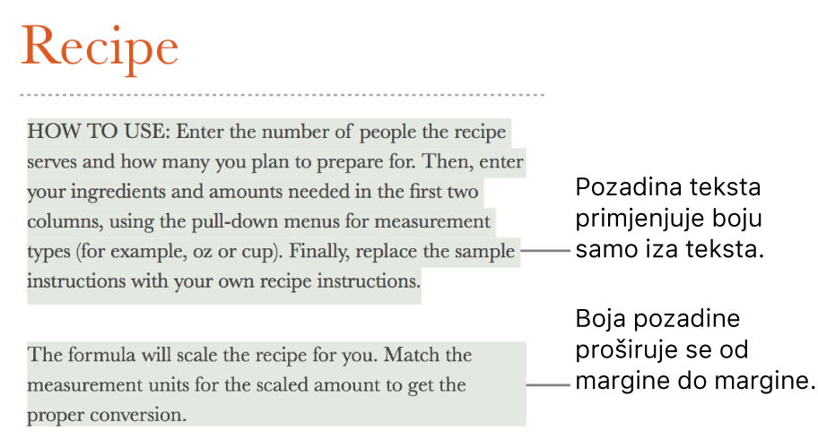 Jedan paragraf s bojom samo iza teksta i drugi paragraf s bojom iza sebe koja se proteže od margine do margine u bloku.