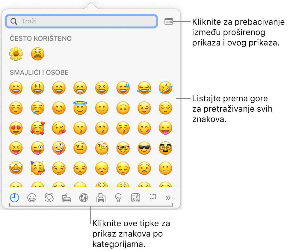 Skočni prozor Posebni znakovi prikazuje emotikone, tipke za različite vrste simbola na dnu, i oblačić za tipku za prikaz cijelog prozora Znakovi.