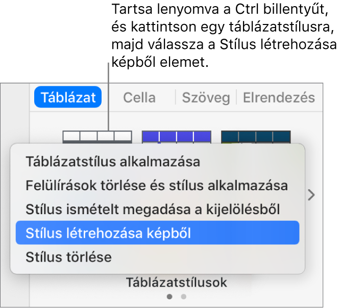 A Táblázatstílus helyi menü.