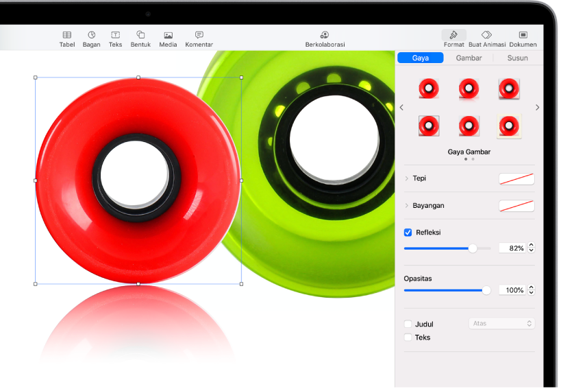 Kontrol Format untuk mengubah ukuran dan tampilan gambar yang dipilih. Tombol Gaya, Gambar, dan Susun ada di sepanjang bagian atas kontrol.