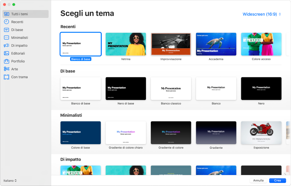 “Scelta temi”. Una barra laterale sulla sinistra elenca le categorie di temi su cui puoi fare clic per filtrare le opzioni. Sulla destra si trovano le miniature di temi predefiniti organizzati in righe per categoria. Il pulsante della dimensione del tema si trova nell’angolo superiore destro, in cui puoi impostare il formato Standard o Esteso. Il menu a comparsa per lingua e zona si trova nell’angolo inferiore sinistro e i pulsanti Annulla e Crea si trovano nell’angolo inferiore destro.