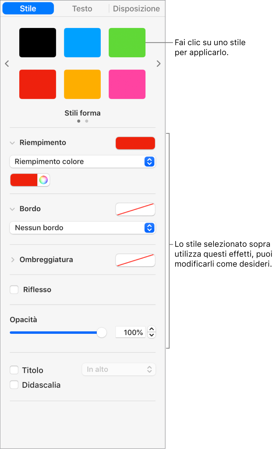 Stili di forma e opzioni nella sezione Formattazione della barra laterale.