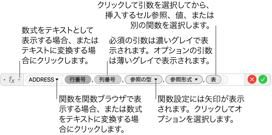 数式エディタ。ADDRESS関数とその引数トークンが表示された状態。