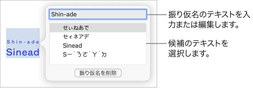 単語に開いた振り仮名。テキストフィールドおよび候補テキストのコールアウトが表示された状態。