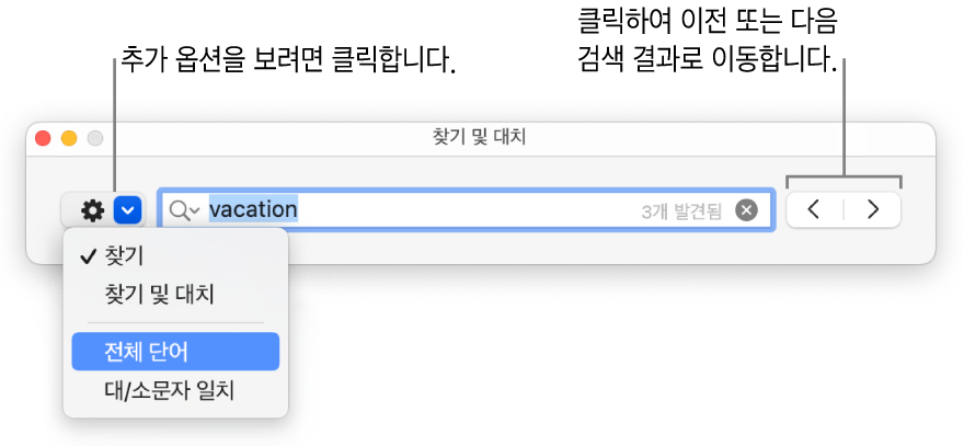 찾기, 찾기 및 대치, 전체 단어 및 대/소문자 일치 옵션을 보여주는 버튼에 대한 설명이 있는 찾기 및 대치 윈도우. 오른쪽 화살표를 사용하면 이전 또는 다음 검색 결과로 이동할 수 있습니다.