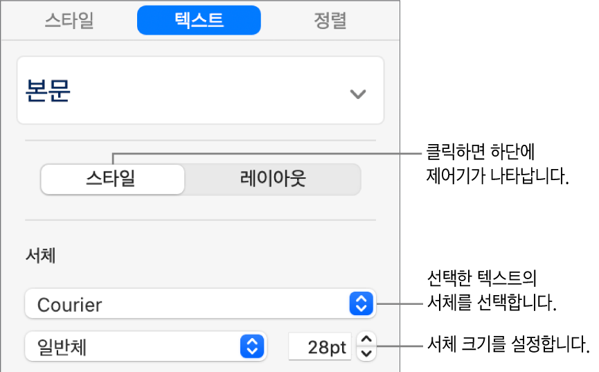 서체 및 서체 크기 설정을 위한 사이드바 스타일 섹션의 텍스트 제어기.