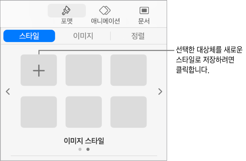 한 개의 텍스트 상자 스타일과 오른쪽에 스타일 생성 버튼 및 네 개의 빈 스타일 위치 지정자가 있는 포맷 사이드바의 스타일 탭.