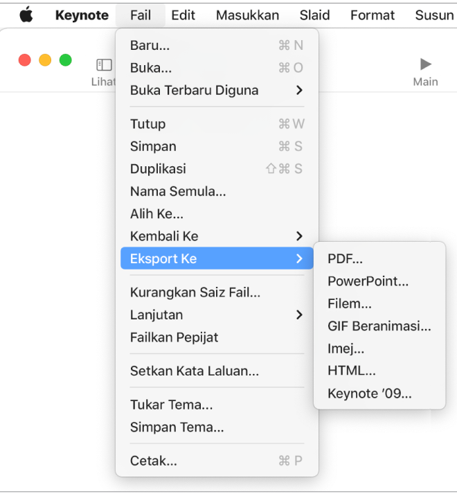 Menu Fail terbuka dengan Eksport Ke dipilih dan submenu menunjukkan pilihan eksport untuk PDF, PowerPoint, Filem, HTML, Imej dan ’09.