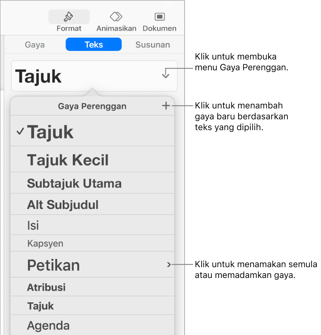 Menu Gaya Perenggan, menunjukkan kawalan untuk menambah atau menukar gaya.