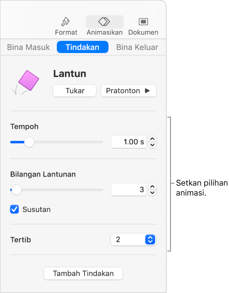 Kawalan tindakan dalam bahagian Animasi di bar sisi.