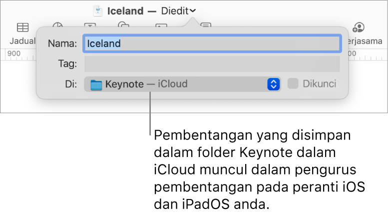 Dialog Simpan untuk pembentangan dengan Keynote—iCloud dalam menu timbul Tempat.