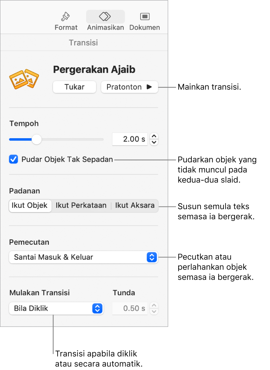 Kawalan transisi Magic Move di bahagian Transisi dalam bar sisi Animasi.