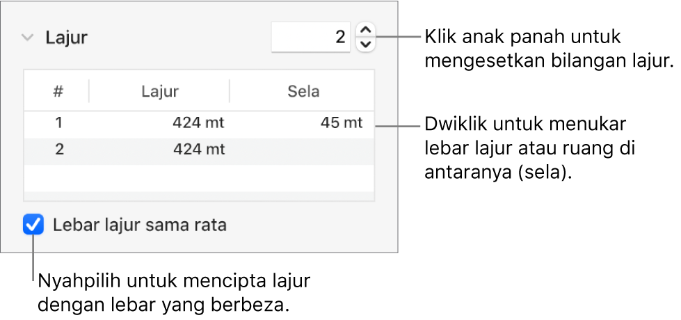 Kawalan dalam bahagian lajur untuk menukar bilangan lajur dan lebar setiap lajur.