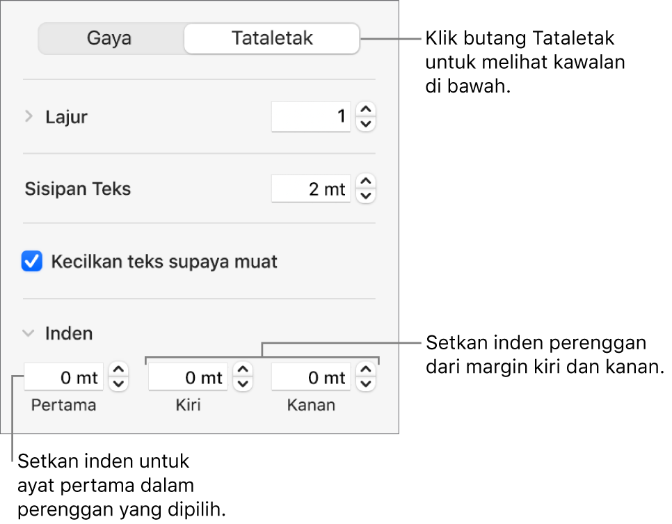 Bahagian Tataletak pada bar sisi Format menunjukkan kawalan untuk mengesetkan inden baris pertama dan margin perenggan.