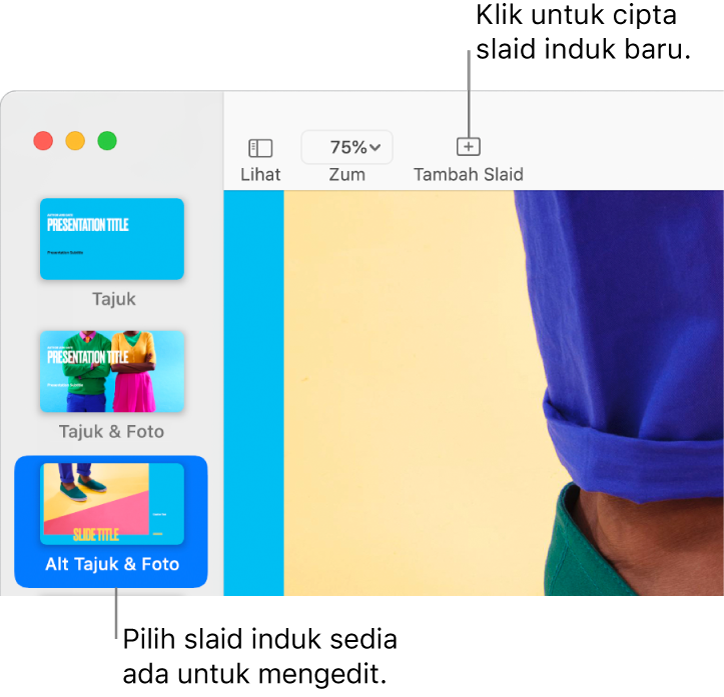 Slaid induk ditunjukkan pada kanvas slaid, dengan butang Tambah Slaid di atasnya dalam bar alat.