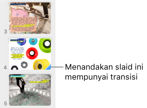 Segi tiga biru pada slaid menunjukkan bahawa slaid mempunyai transisi.