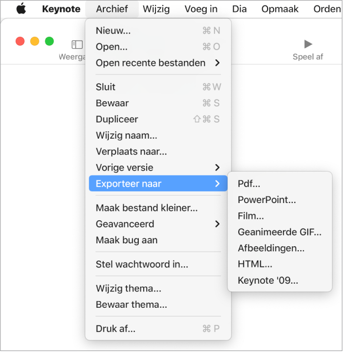 Geopend Archief-menu met de optie 'Exporteer naar' geselecteerd en in het submenu de exportopties voor pdf, PowerPoint, film, HTML, afbeeldingen en Keynote '09.