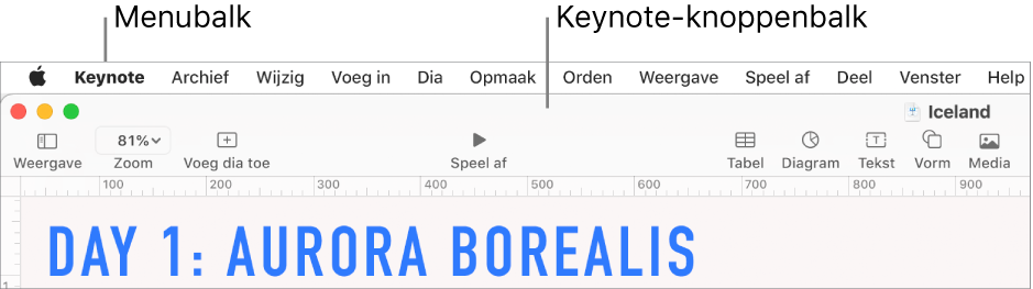 De menubalk boven in het scherm met de volgende menu's: Apple, Keynote, Archief, Wijzig, Voeg in, Opmaak, Orden, Weergave, Deel, Venster en Help. Onder de menubalk wordt een Keynote-presentatie weergegeven met bovenaan een knoppenbalk met knoppen voor Weergave, Zoom, Voeg dia toe, Speel af, Keynote Live, Tabel, Diagram, Tekst, Vorm, Media en Opmerking.