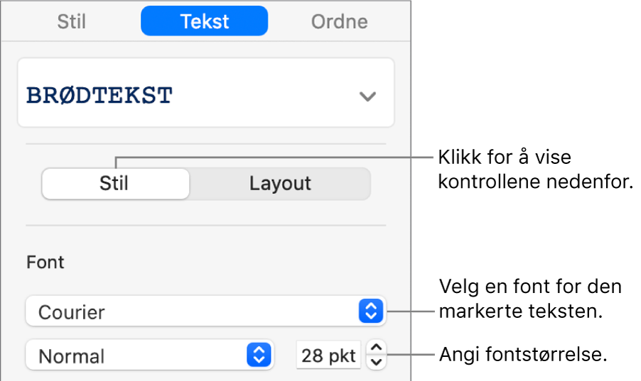 Tekstkontroller i Stil-delen i sidepanelet for å angi font og fontstørrelse.