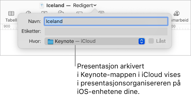 Arkiver-dialogruten for en presentasjon med Keynote – iCloud i Hvor-lokalmenyen.