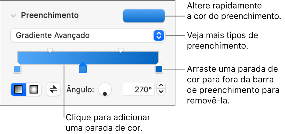 Controles para preenchimento de objetos com cores.