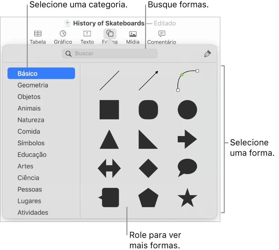 A biblioteca de formas, com categorias listadas à esquerda e formas exibidas à direita. Você pode utilizar o campo de busca na parte superior para encontrar formas e rolar para ver mais.