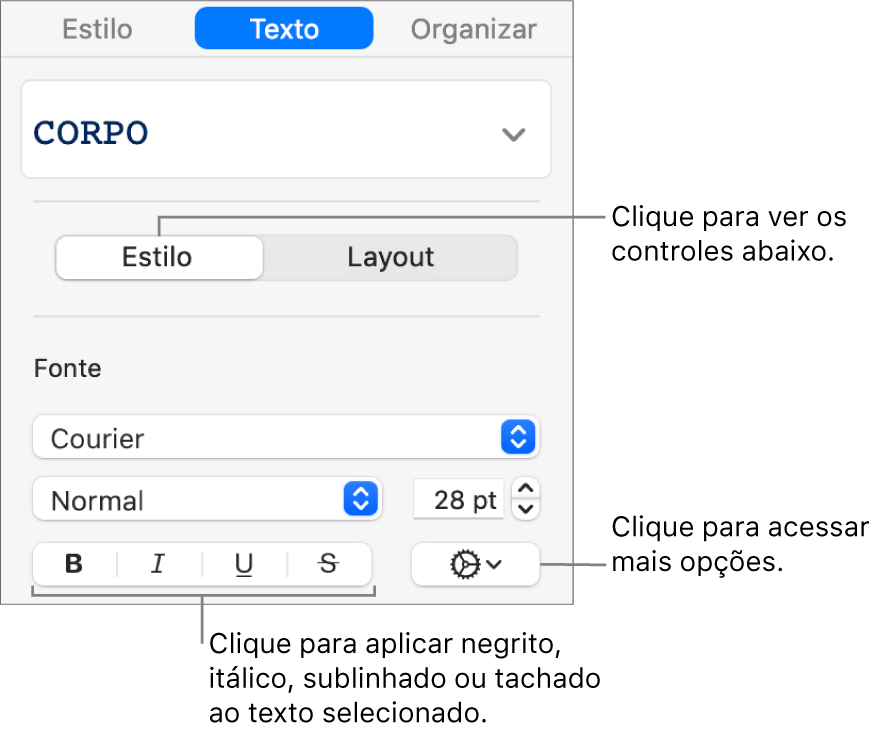 Controles Estilo na barra lateral, com chamadas para os botões Negrito, Itálico, Sublinhado e Tachado.