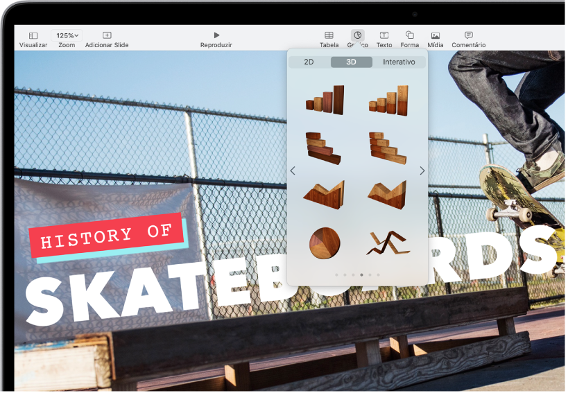 Barra de ferramentas com botões para adicionar tabelas, gráficos, caixas de texto, formas e mídia. Gráfico está selecionado e mostra os botões de gráficos 2D, 3D e Interativo. 3D está selecionado e as opções do gráfico são mostradas abaixo.