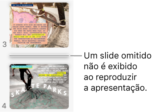 Navegador de slides com um slide omitido exibido como uma linha horizontal.