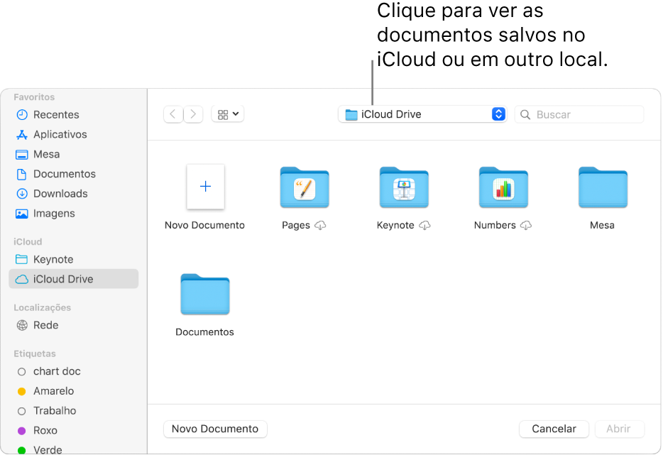 Caixa de diálogo Abrir com a barra lateral aberta à esquerda e iCloud Drive selecionado no menu local na parte superior. As pastas do Keynote, Numbers e Pages são mostradas na caixa de diálogo, além do botão Novo Documento.