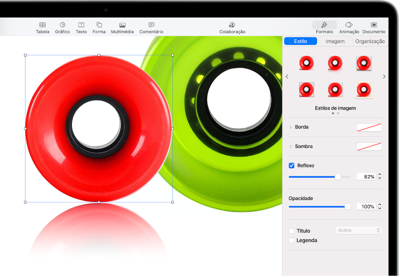 Os controlos de Formatação para alterar o tamanho e aspeto da imagem selecionada. Os botões Estilo, Imagem e Organização encontram-se ao longo da parte superior dos controlos.