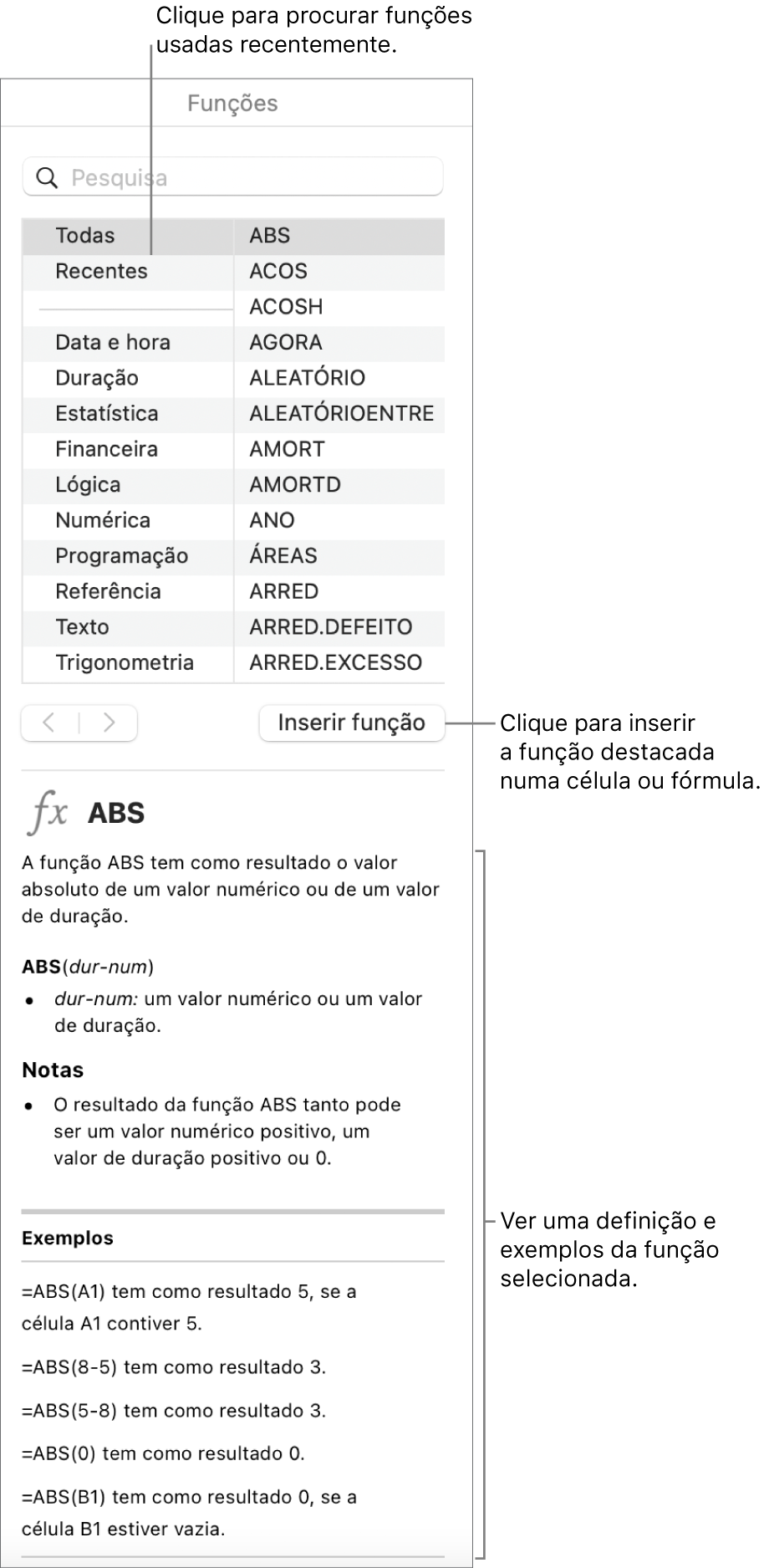 O navegador de funções com chamadas para as funções usadas recentemente, o botão “Inserir função” e a definição da função.