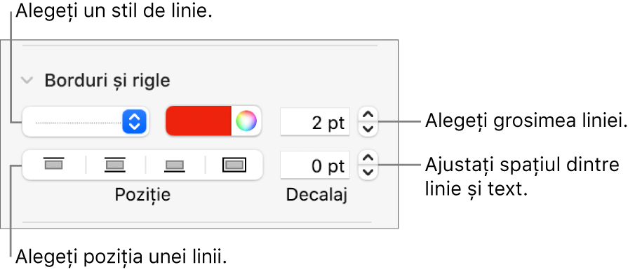 Comenzile pentru schimbarea stilului, grosimii, poziției și culorii liniei.