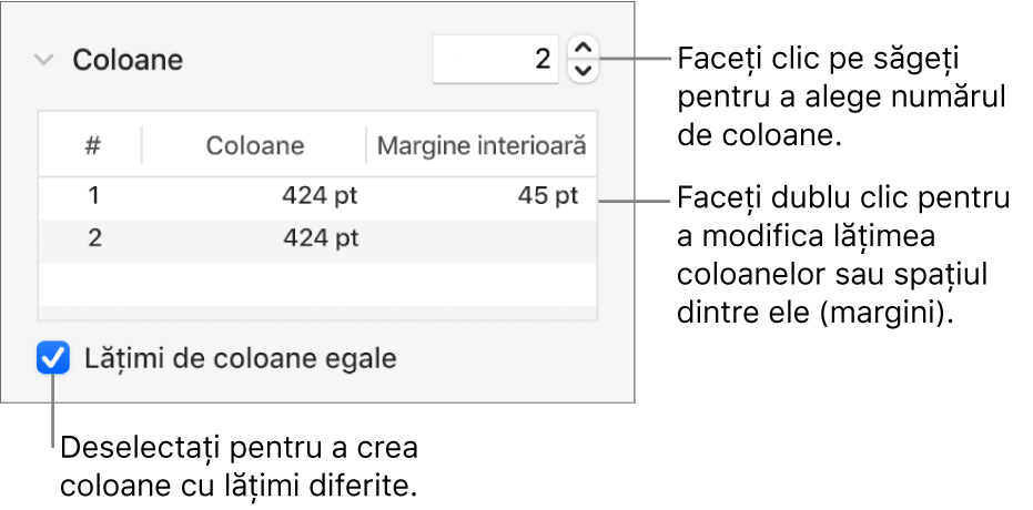 Comenzile din secțiunea de coloane pentru modificarea numărului de coloane și a lățimii fiecărei coloane.