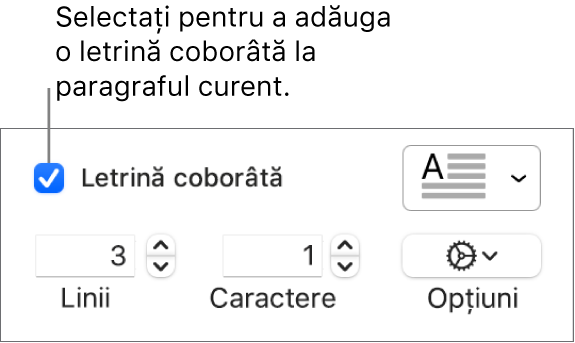 Caseta de validare Letrină coborâtă este selectată și un meniu pop-up apare în dreapta acesteia; comenzile pentru configurarea înălțimii liniei, a numărului de caractere și alte opțiuni apar sub aceasta.