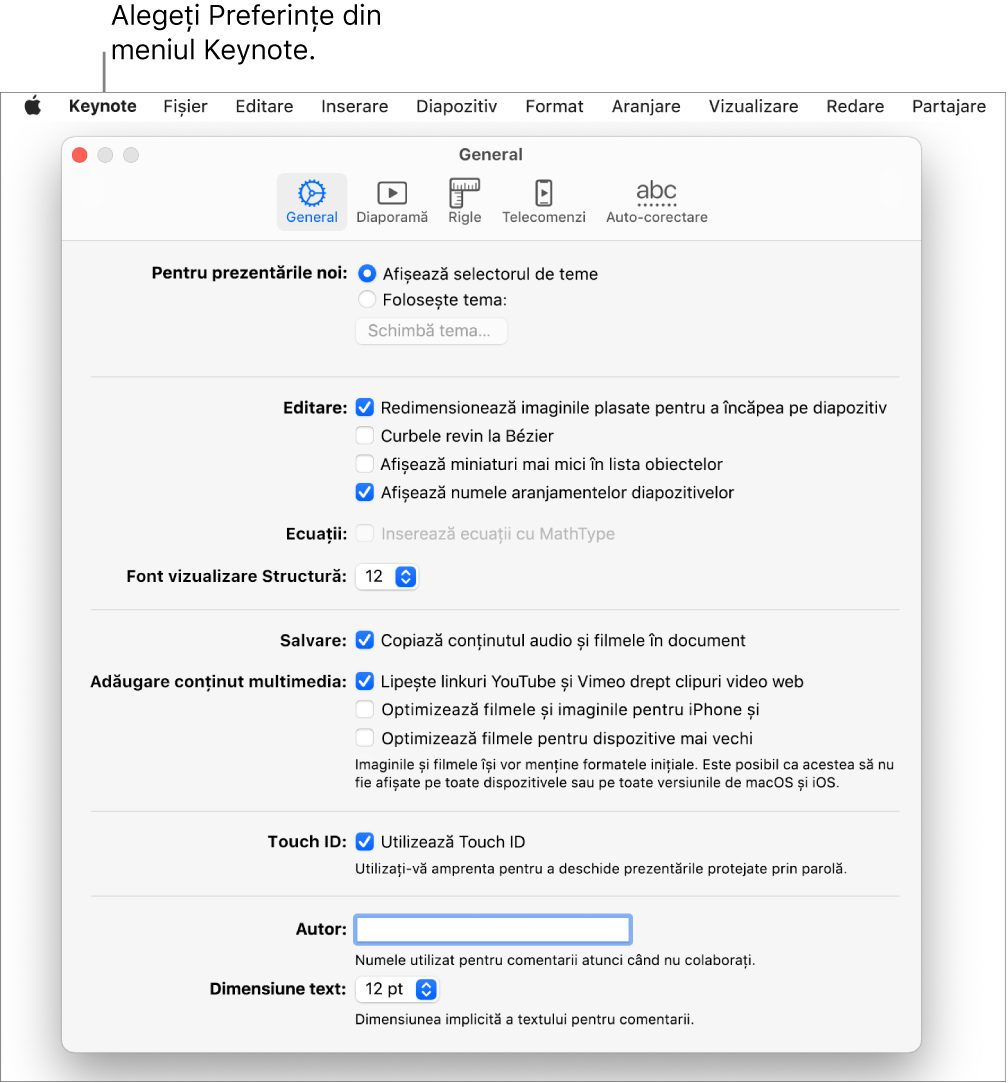 Fereastra Preferințe Keynote deschisă în panoul General.