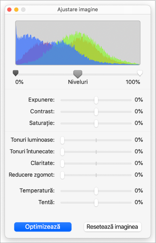 Fereastra Ajustare imagine cu glisoare pentru configurarea expunerii, contrastului, saturației, tonurilor luminoase și întunecate, clarității, reducerii zgomotului, temperaturii și nuanței.