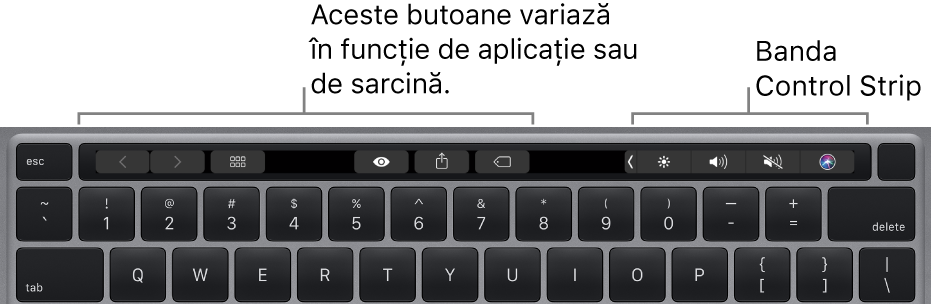 Tastatură cu Touch Bar deasupra tastelor numerice. Butoanele pentru modificarea textului se află în partea stângă și centrală. Funcționalitatea Control Strip din partea dreaptă are comenzi de sistem pentru luminozitate, volum și Siri.