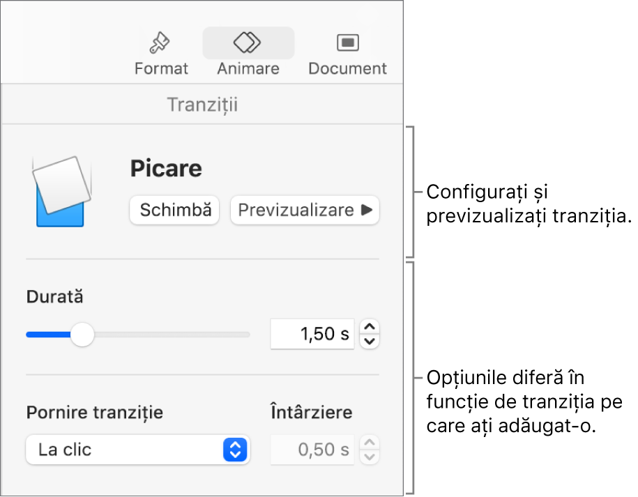 Comenzile pentru tranziții în secțiunea Tranziții din bara laterală.