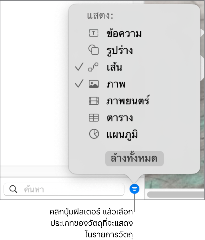 เมนูฟิลเตอร์ที่แสดงขึ้นที่เปิดอยู่ โดยมีรายการของวัตถุประเภทต่างๆ รายการนั้นอาจรวม (ข้อความ รูปร่าง เส้น ภาพ ภาพยนตร์ ตาราง และแผนภูมิ)