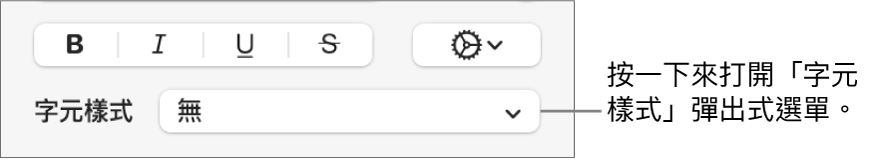 用於更改文字樣式和顏色的控制項目下方顯示「字元樣式」彈出式選單。