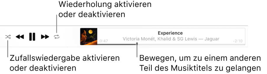 Der obere Bereich von Apple Music zeigt einen Musiktitel, der gerade zu hören ist. Ganz links befinden sich die Wiedergabesteuerungen. Links neben den Wiedergabesteuerungen ist die Taste „Zufällige Wiedergabe“ und die Taste „Wiederholen“ ist rechts davon. Bewege die Abspielposition zu einer anderen Stelle im Titel.
