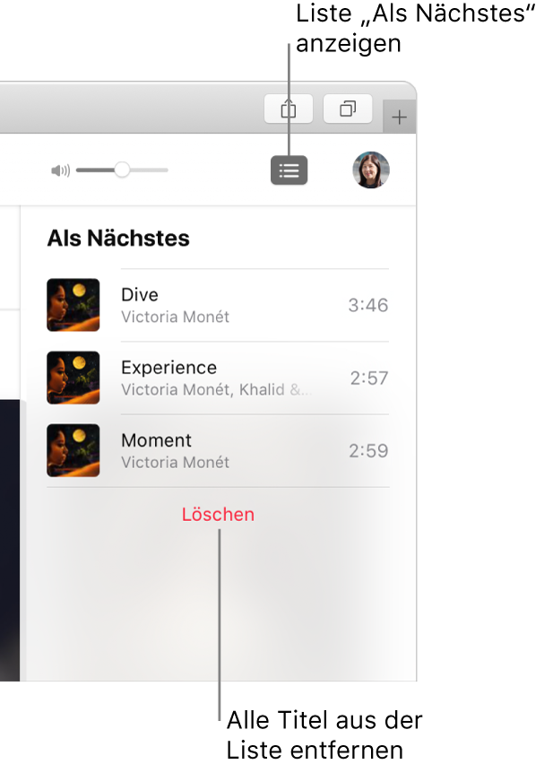 Die Taste „Als Nächstes“ oben rechts in Apple Music ist ausgewählt und die Warteliste „Als Nächstes“ ist sichtbar. Klicke auf den Link „Löschen“ unten in der Liste, um alle Titel aus der Liste zu entfernen.