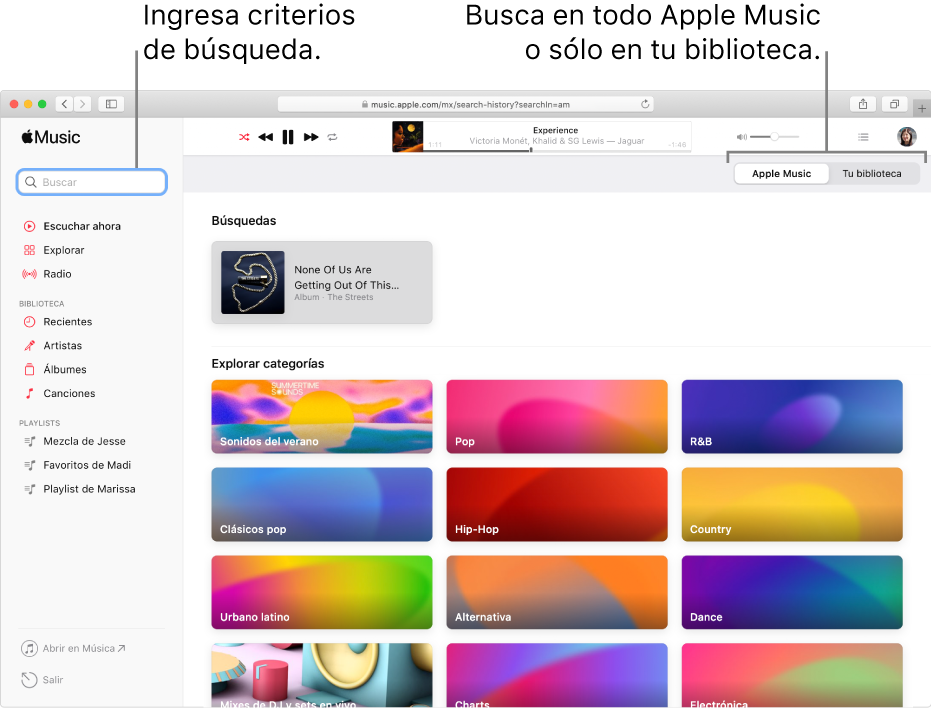 La ventana de Apple Music mostrando el campo de búsqueda en la esquina superior izquierda, la lista de categorías en el centro de la ventana, y la opción Apple Music o “Tu biblioteca” disponible en la esquina superior derecha. Ingresa criterios de búsqueda en el campo de búsqueda y luego elige buscar en todo Apple Music o sólo en tu biblioteca.