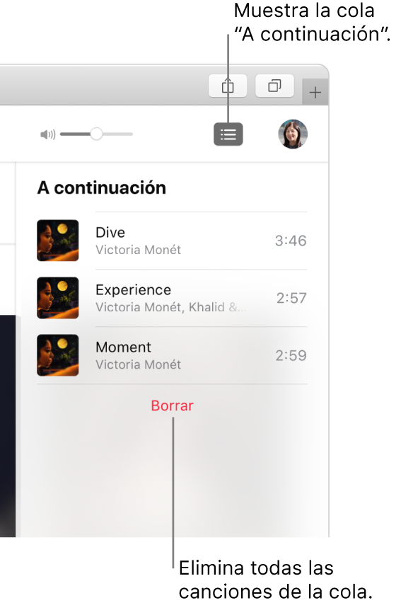 El botón “A continuación” en la esquina superior derecha de Apple Music está seleccionado y se puede ver la cola “A continuación”. Haz clic en el enlace Borrar situado en la parte inferior de la lista para eliminar todas las canciones de la cola.