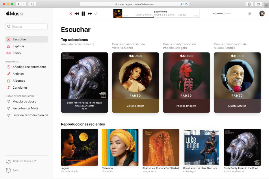 La ventana de Apple Music en Safari donde se muestra Escuchar.